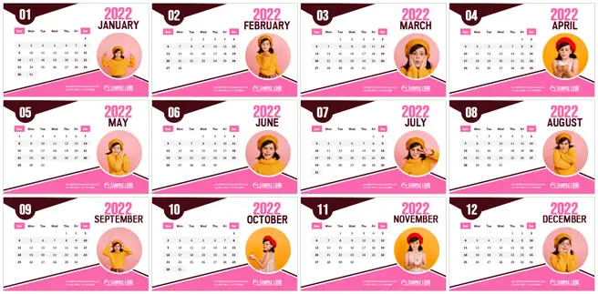 Adorable plantilla de calendario mensual 2022 con su propia foto en la página de cada mes - Microsoft Word