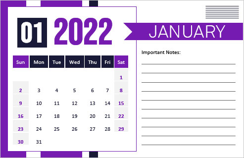 Elegante diseño de calendario mensual 2022 con notas importantes - Plantilla de MS Word