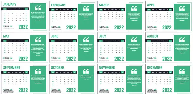 Impresionante plantilla de calendario mensual con una cita inspiradora para cada mes - Plantilla de MS Word