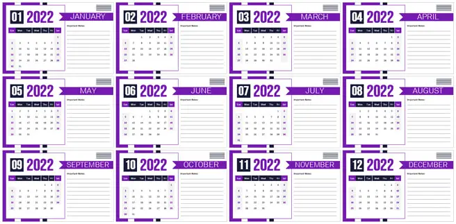 Elegante diseño de calendario mensual 2022 con notas importantes - Plantilla de MS Word