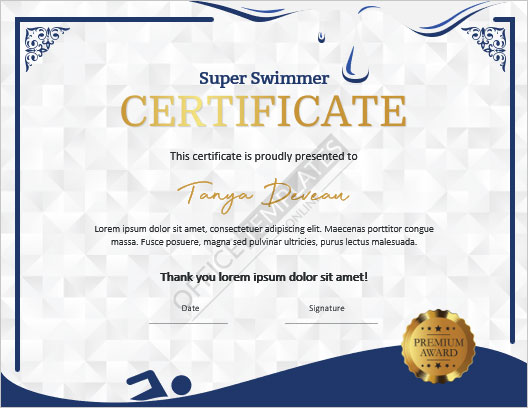 Diseño de certificado de deportes de natación