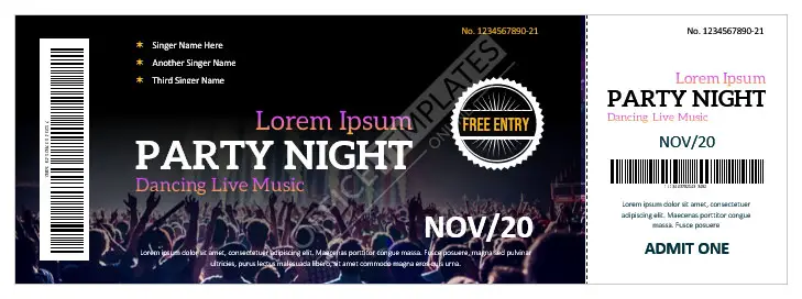 Muestra de boleto de concierto muy bien diseñada para MS Word