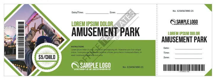 Plantilla de boleto de MS Word para parque de atracciones